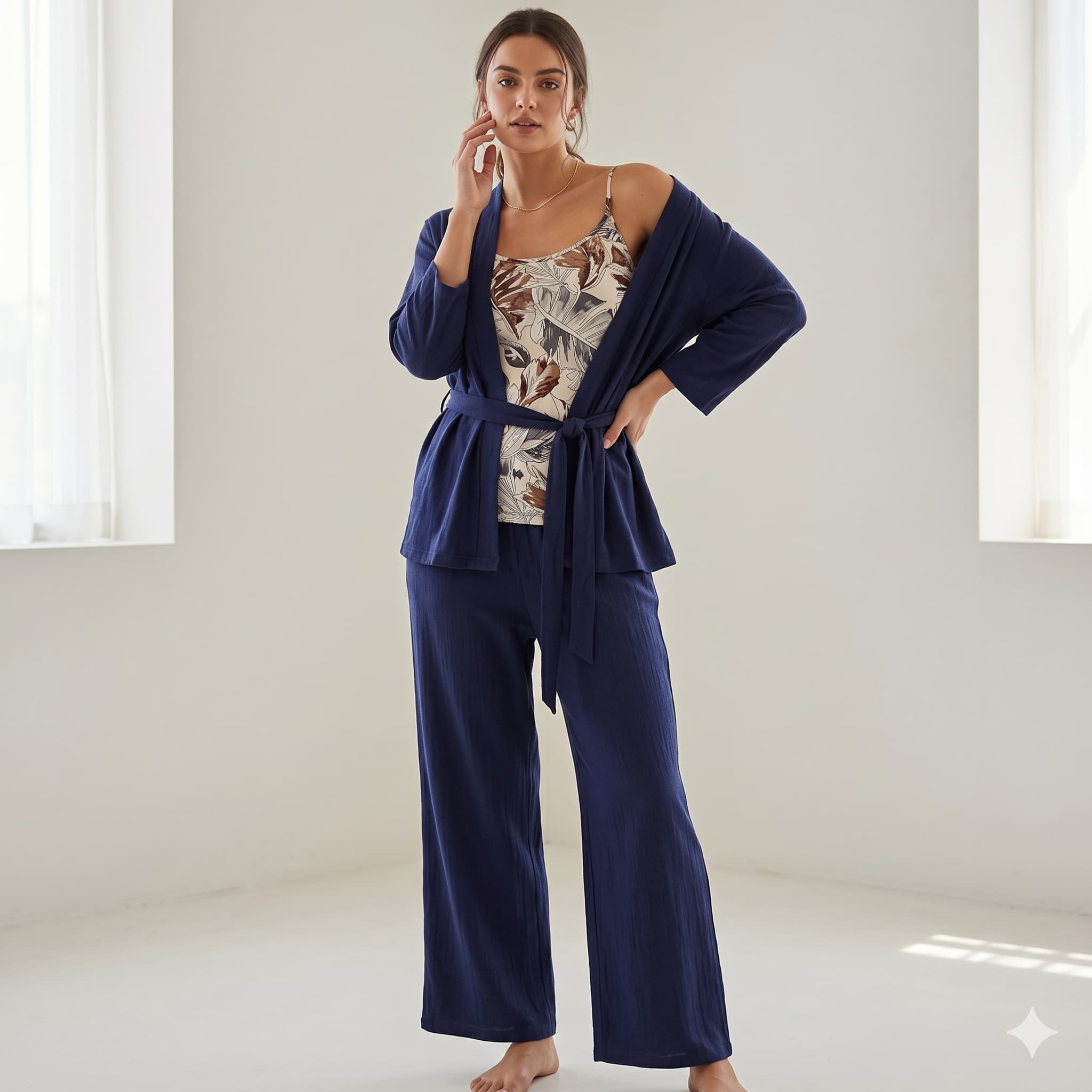Midnight Tropics Women 3 Pcs Pajama Set - Navy Blue
