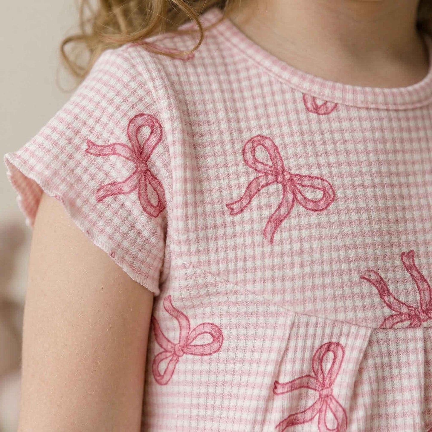 Gingham Bow Girls Short Sleeves Pajama Set - Pink