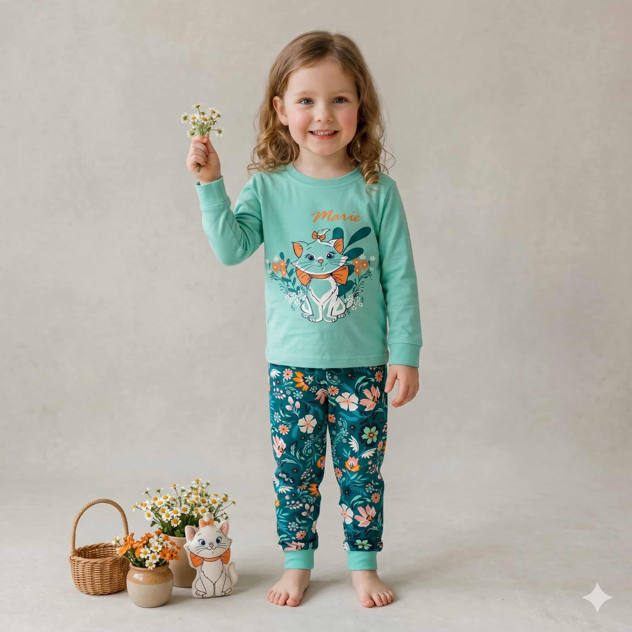 Marie Meadow Girls Full Sleeves Pajama Set - Mint Green
