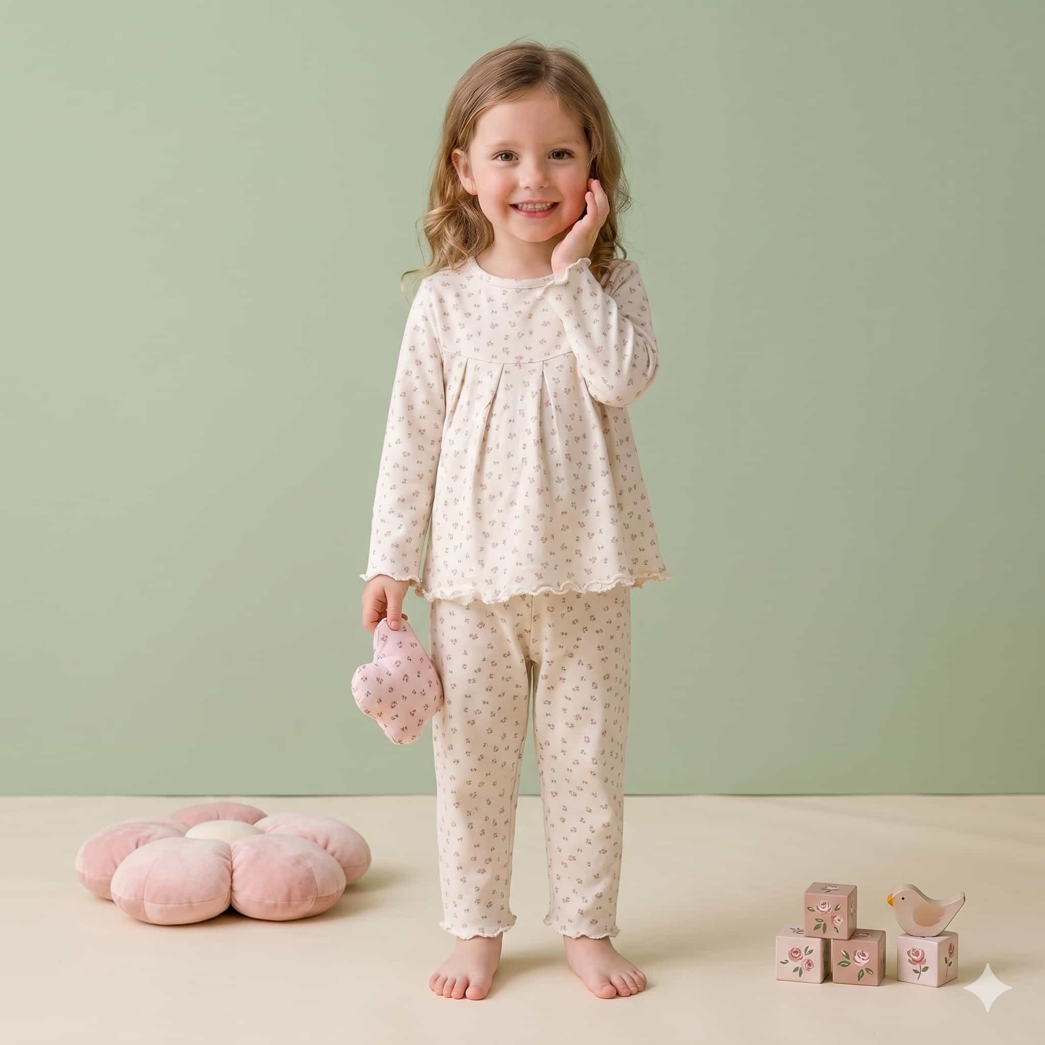 Rosebud Dreams Girls Full Sleeves Pajama Set - Cream