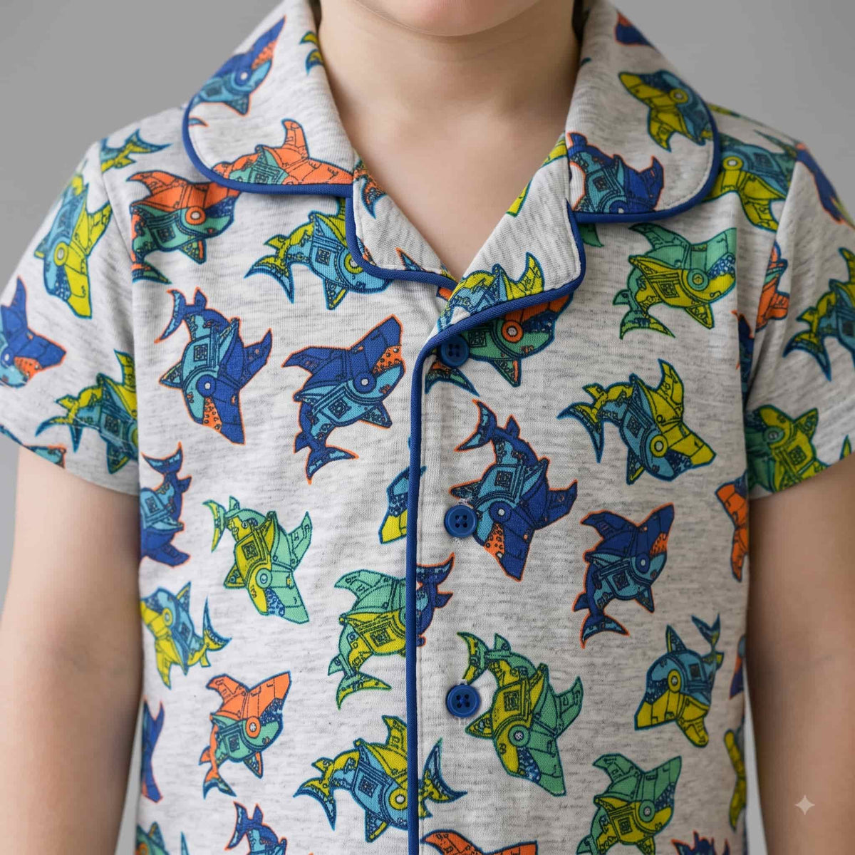 Cyber Sharks Boys Half Sleeves Pajama Set - Grey