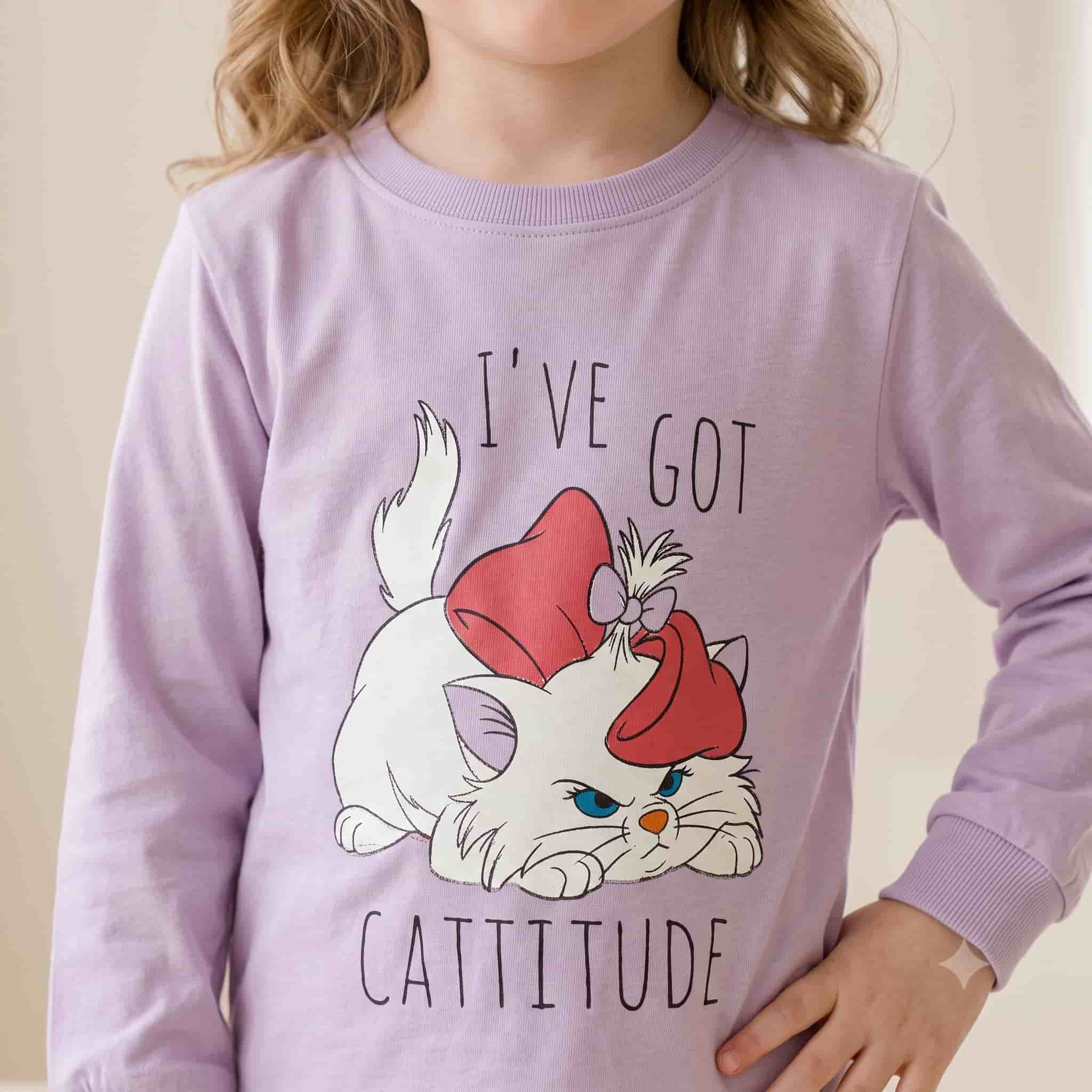 Cattitude Girl Full Sleeves Pajama Sets- Purple