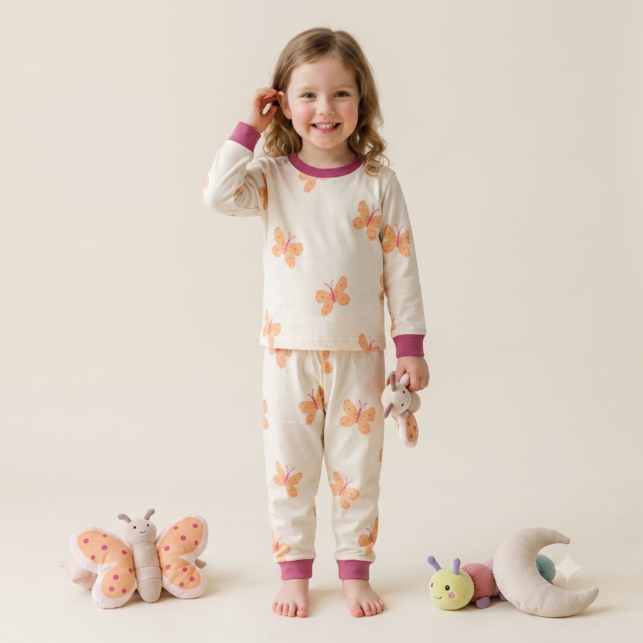 Butterfly Bliss Girls Full Sleeves Pajama Set - Magenta