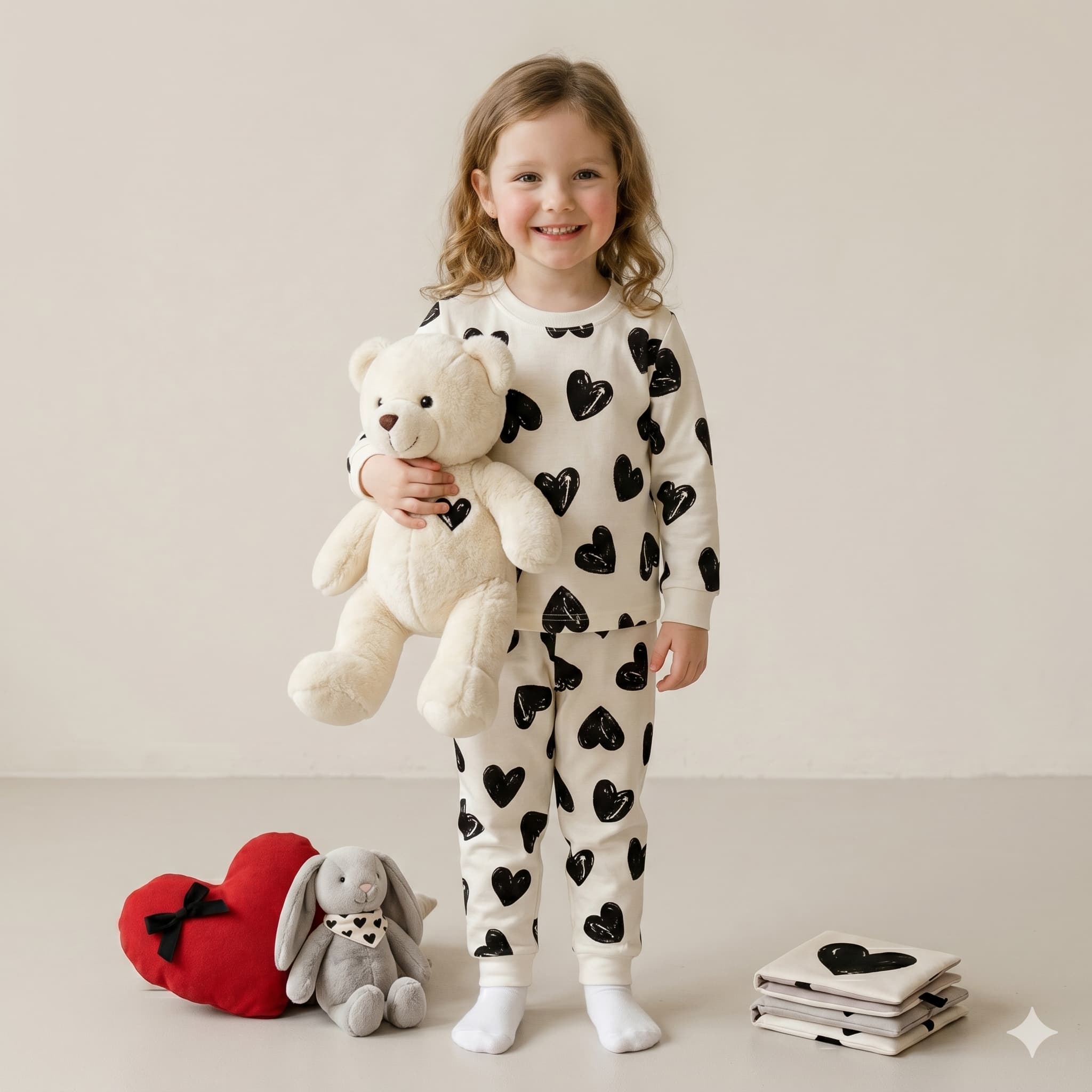 Heart Crush Girls Full Sleeves Pajama Set - White