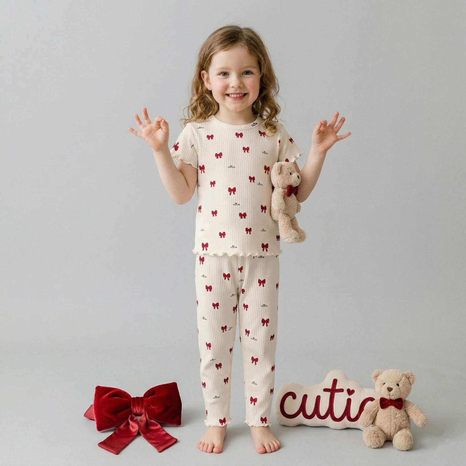 Cutie Bow Girls Short Sleeves Pajama Set - Cream