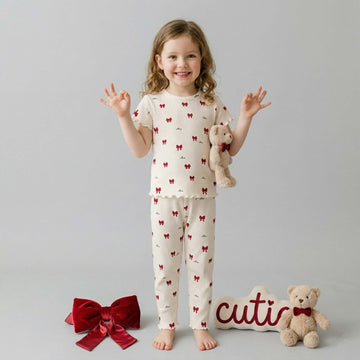 Cutie Bow Girls Short Sleeves Pajama Set - Cream