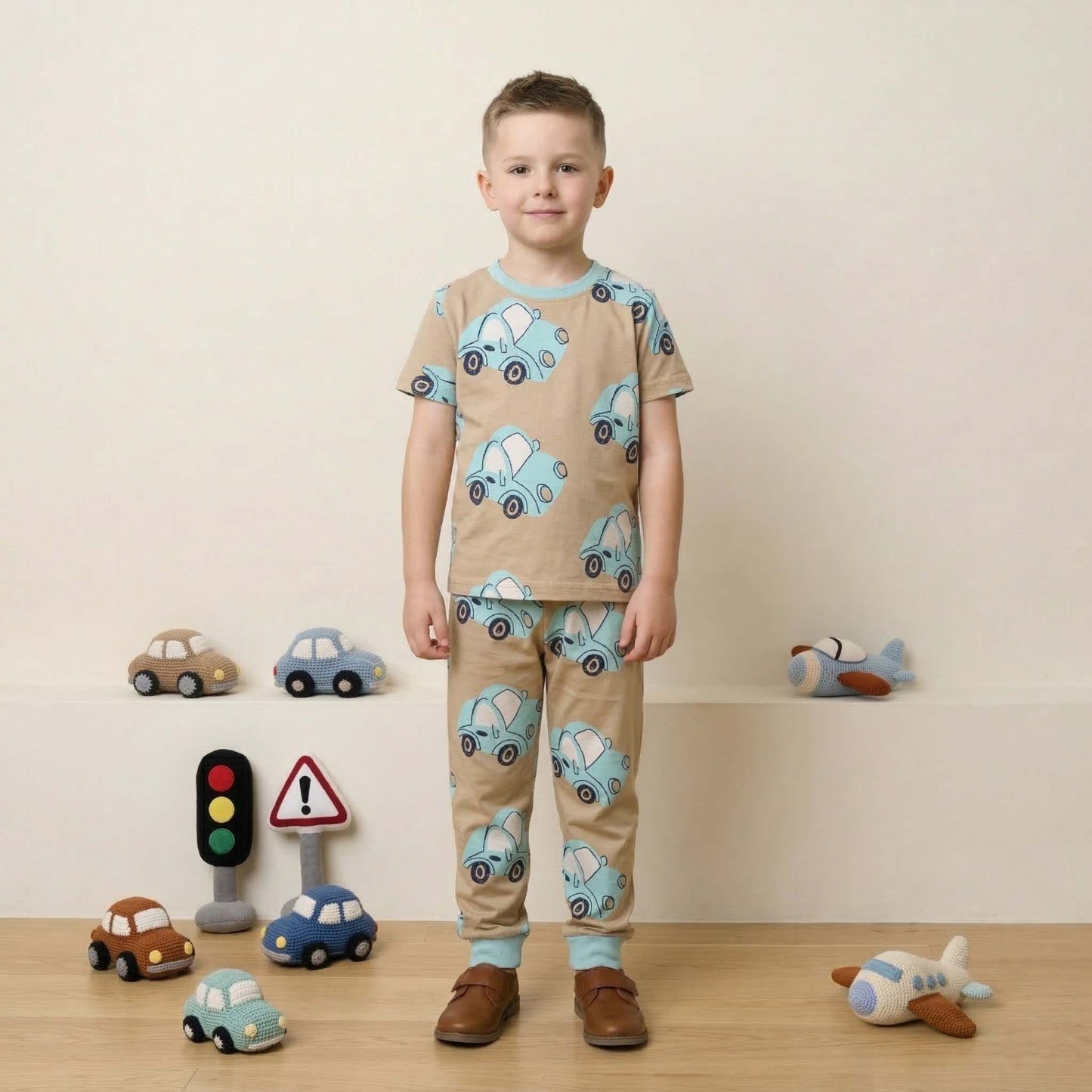 Vintage Car Boys Half Sleeves Pajama Set - Brown