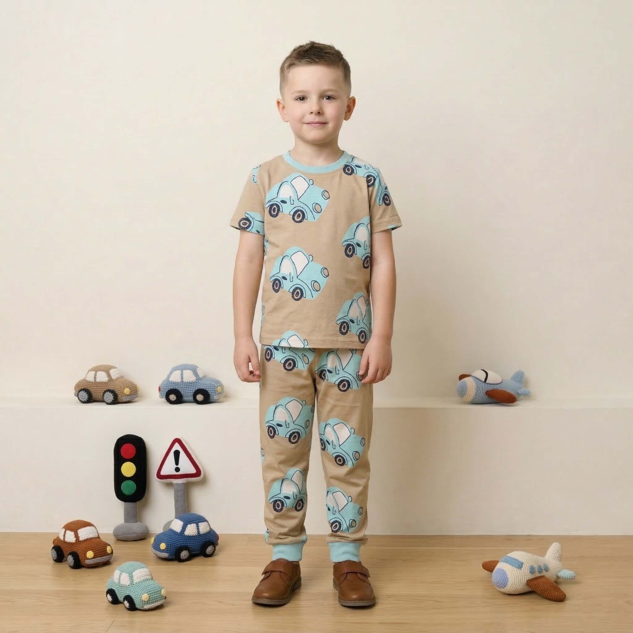 Vintage Car Boys Half Sleeves Pajama Set - Brown