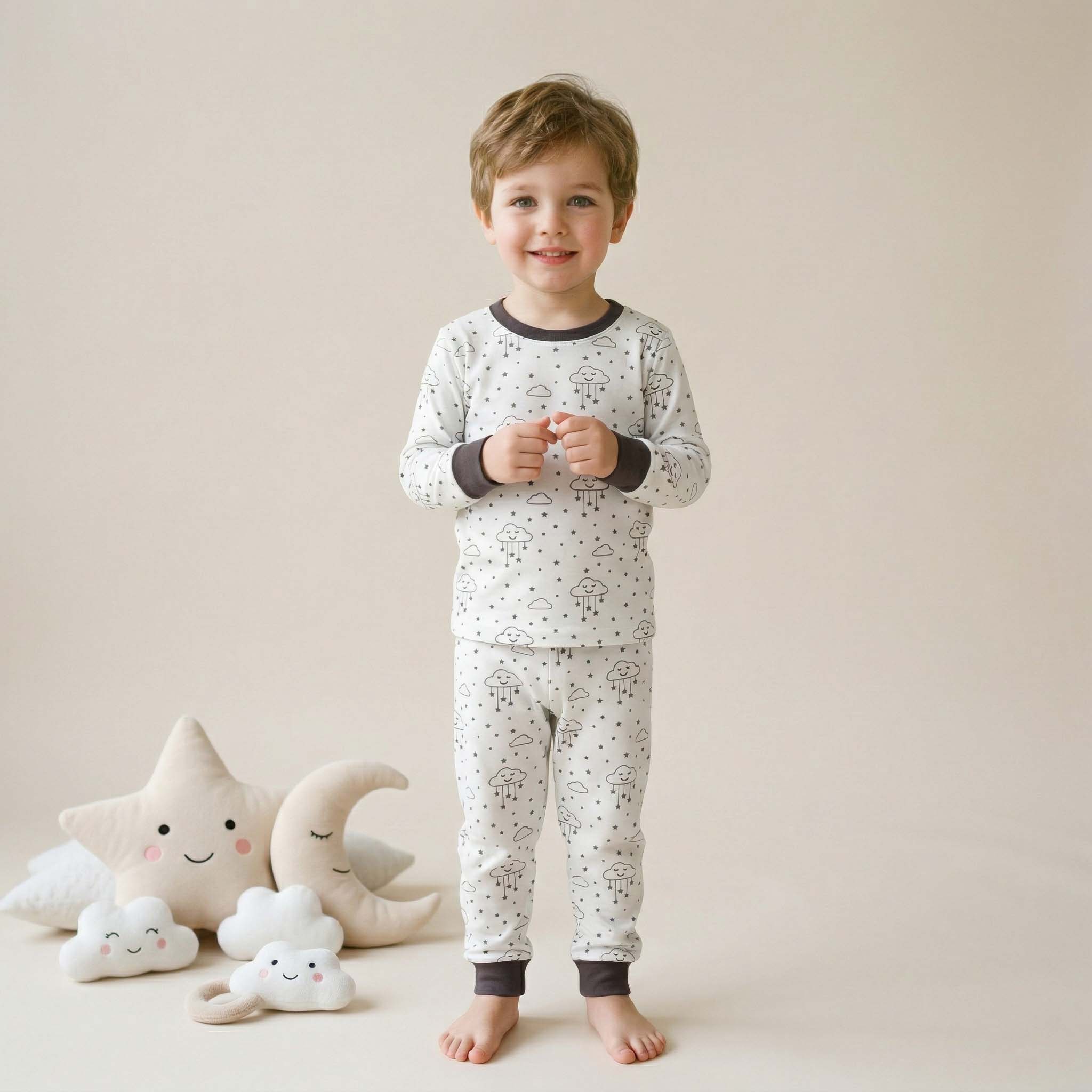 Clouds & Stars Boys Full Sleeves Pajama Set - White