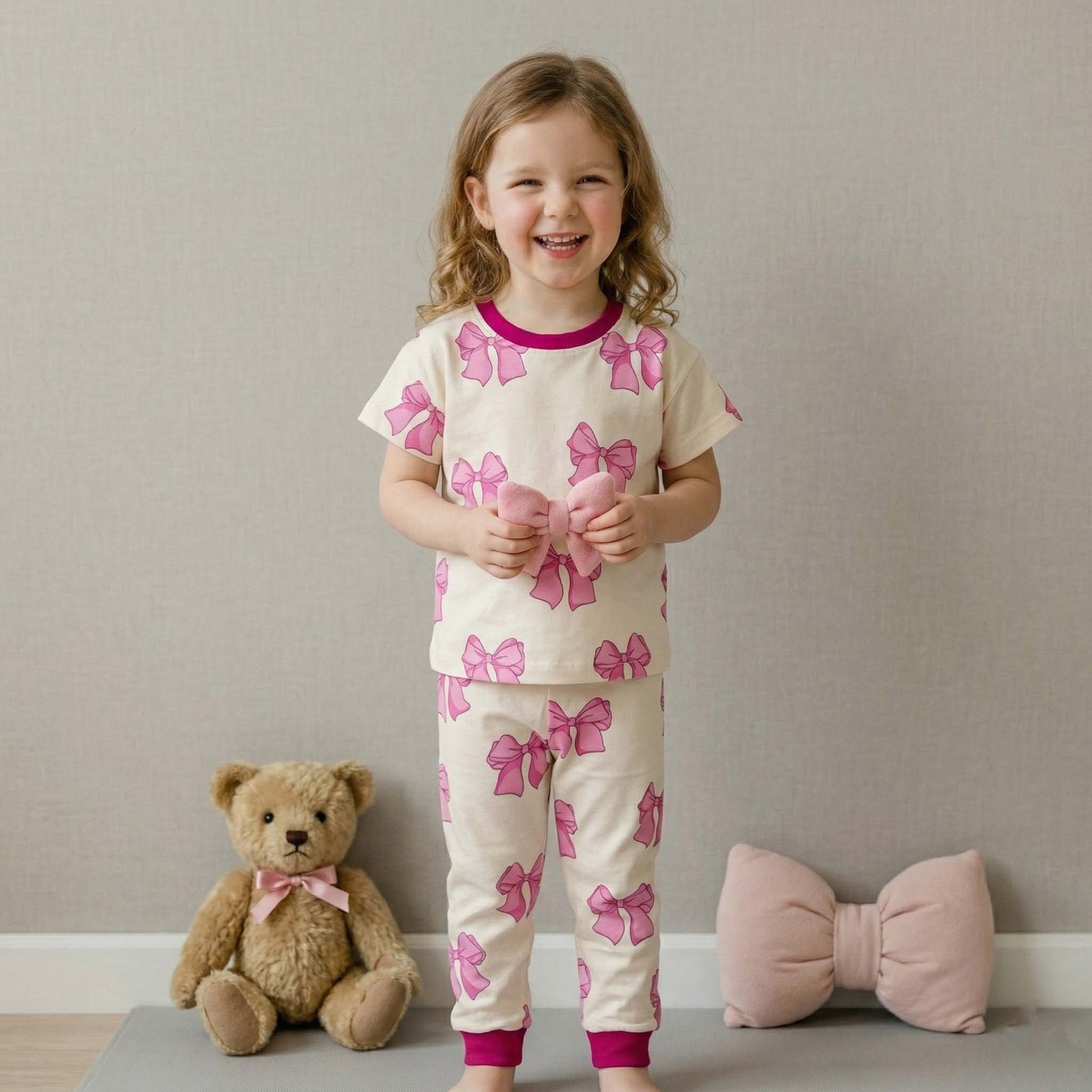 Bow Girls Pajama Set - White & Pink
