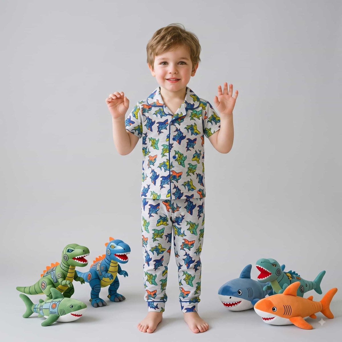 Cyber Sharks Boys Half Sleeves Pajama Set - Grey