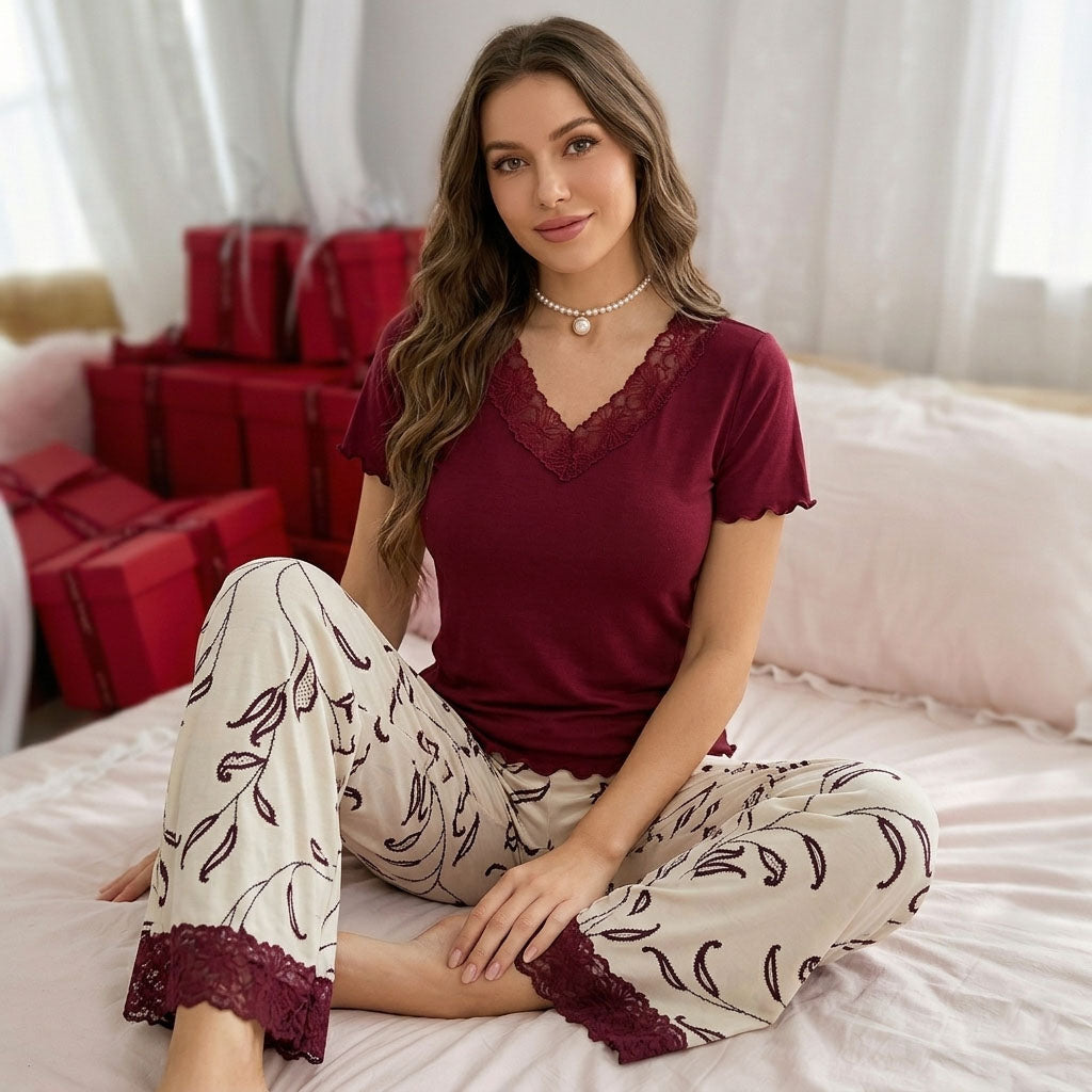 Laced Women Pajama Set - Maroon & Beige