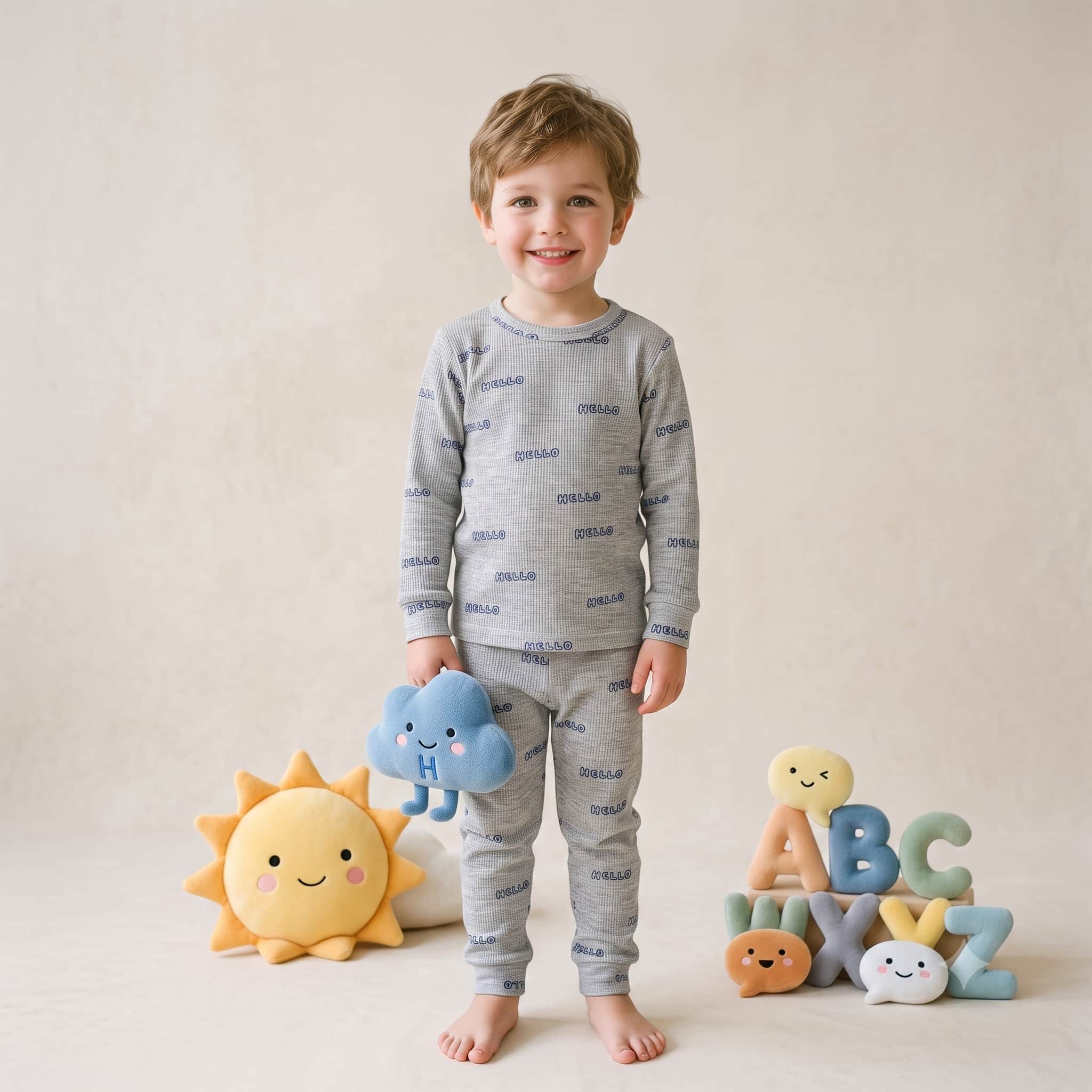 Hello Buddy Boys Full Sleeves Pajama Set – Light Grey