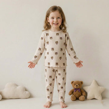 Bear Girls Full Sleeves Pajama Set - Cream