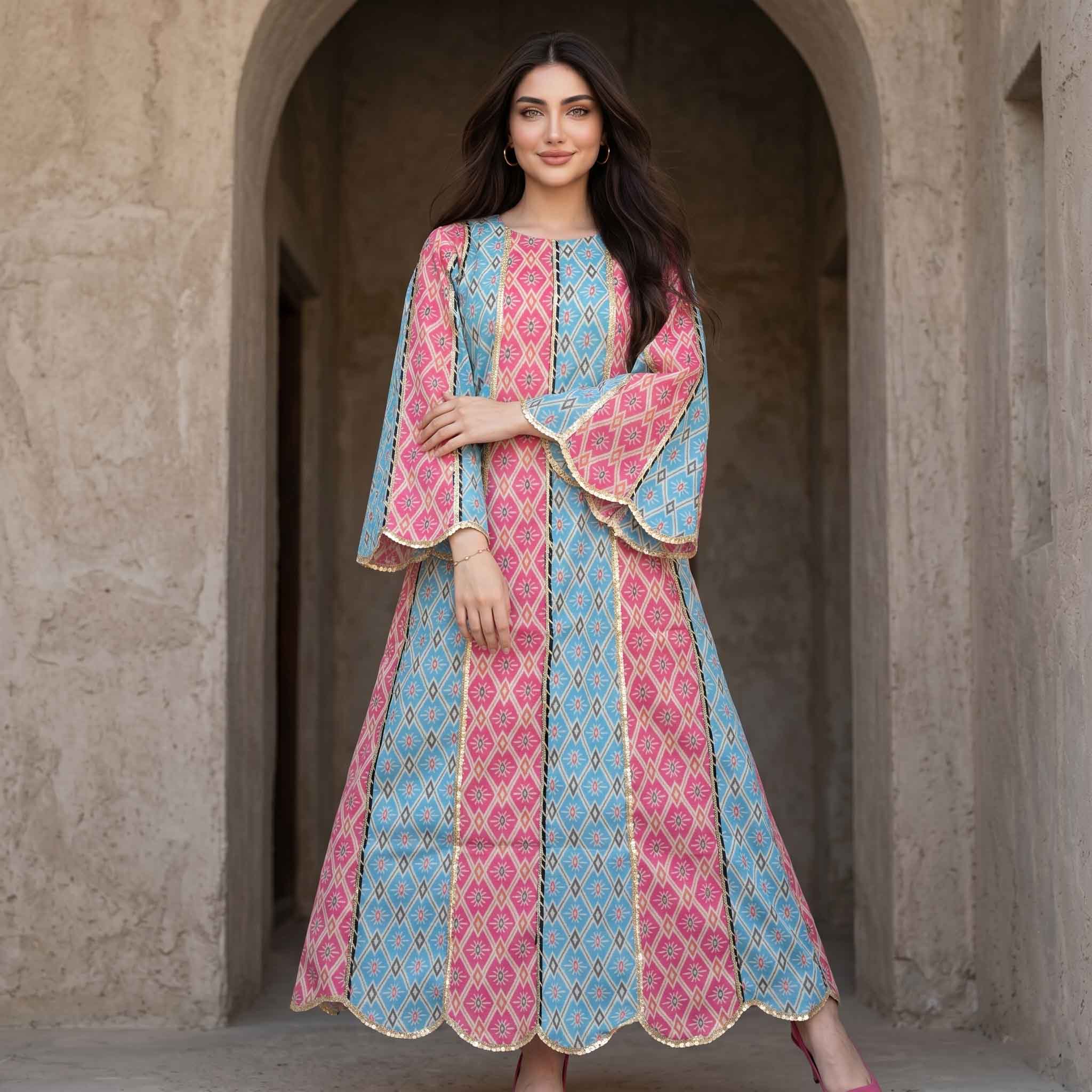 Diamond Motif Print Women Darra - Blue & Pink