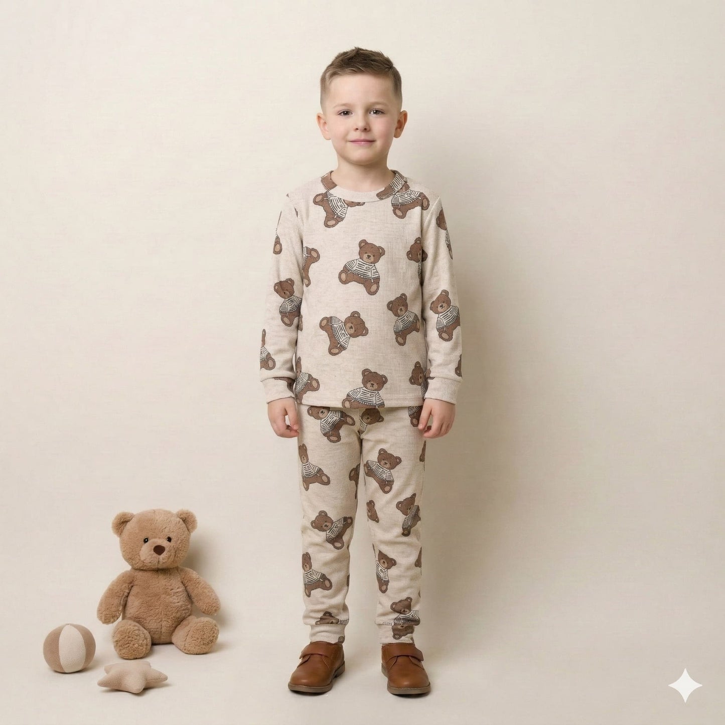 Striped Teddy Boy Pajama Set- Brown