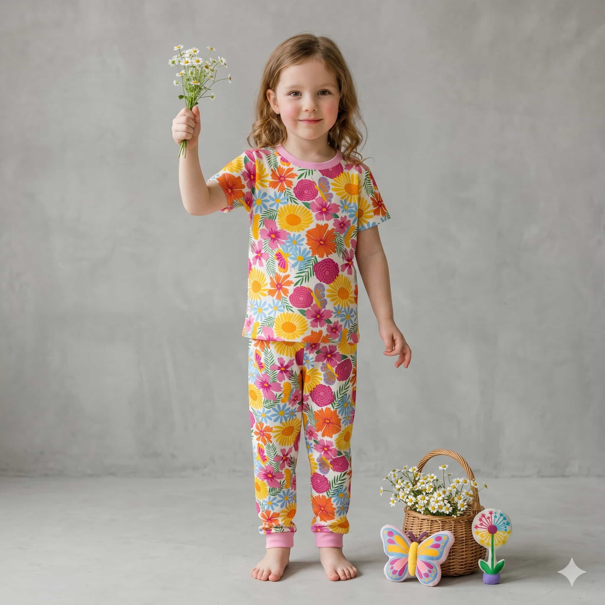 Sunflower Girl Half Sleeves Pajama Set - Multi Color