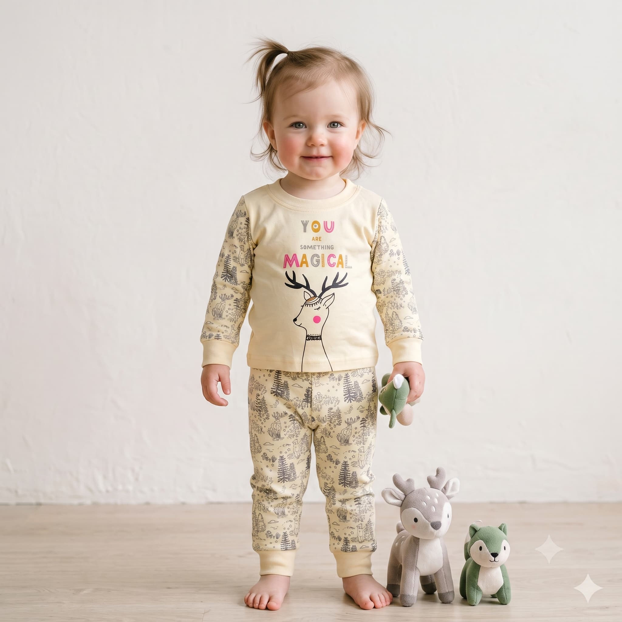 Woodland Magic Baby Girls Full Sleeves Pajama Set - Cream