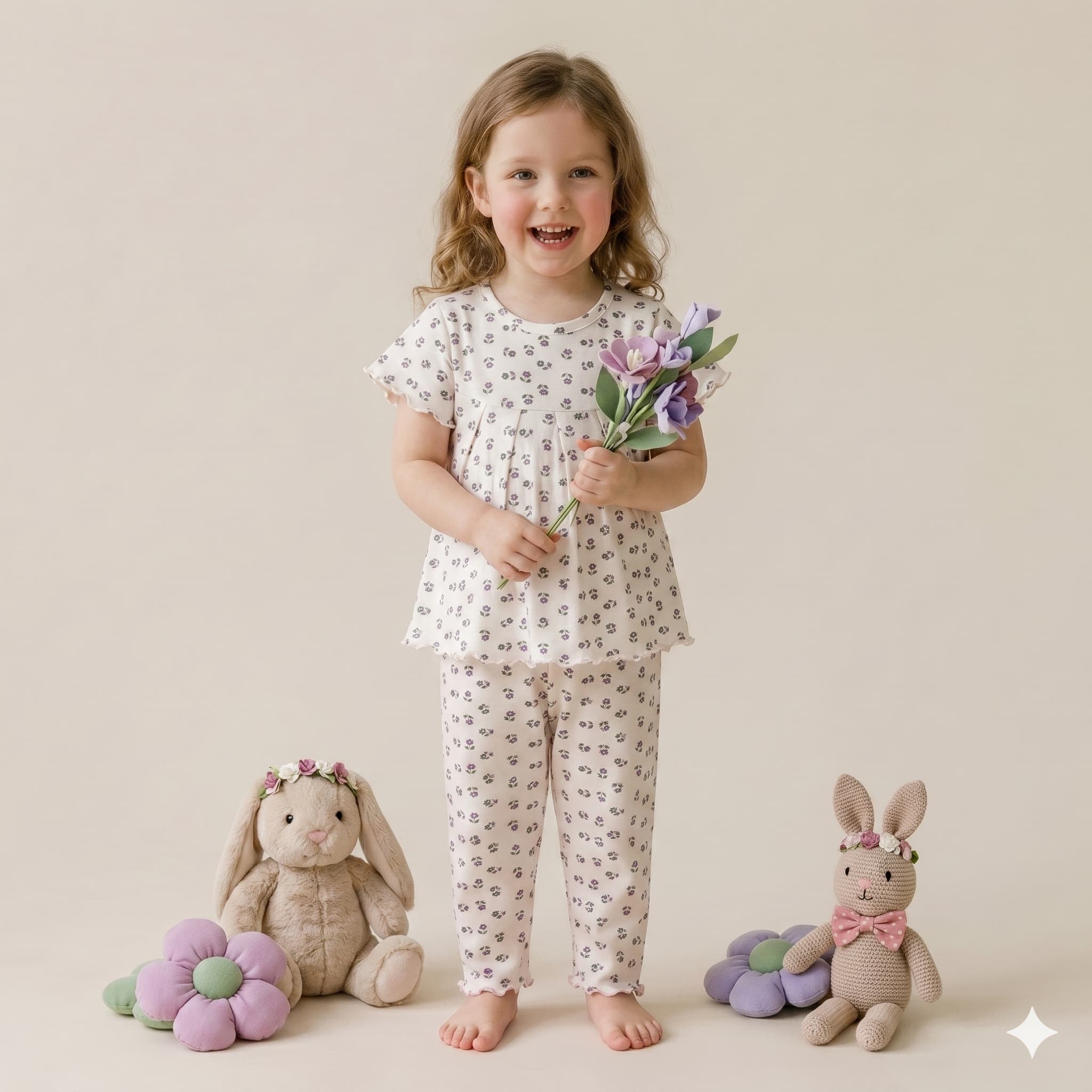 Lavender Bloom Girls Half Sleeves Pajama Set – White