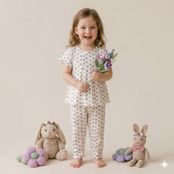 Lavender Bloom Girls Half Sleeves Pajama Set – White