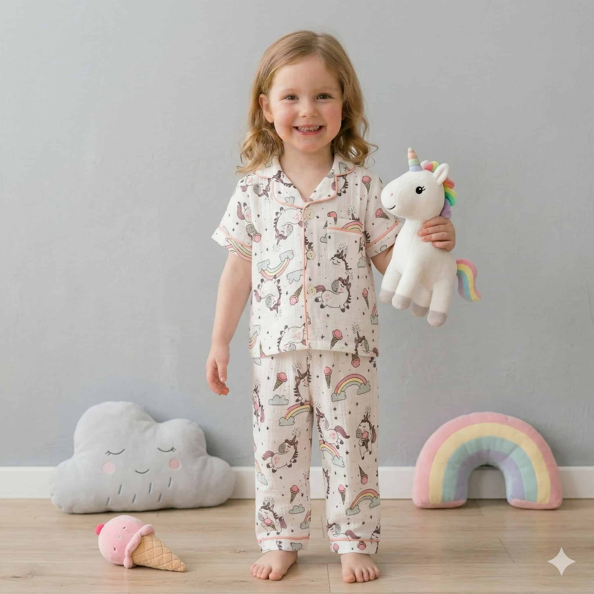 Rainbow Unicorn Girls Half Sleeves Pajama Set- White