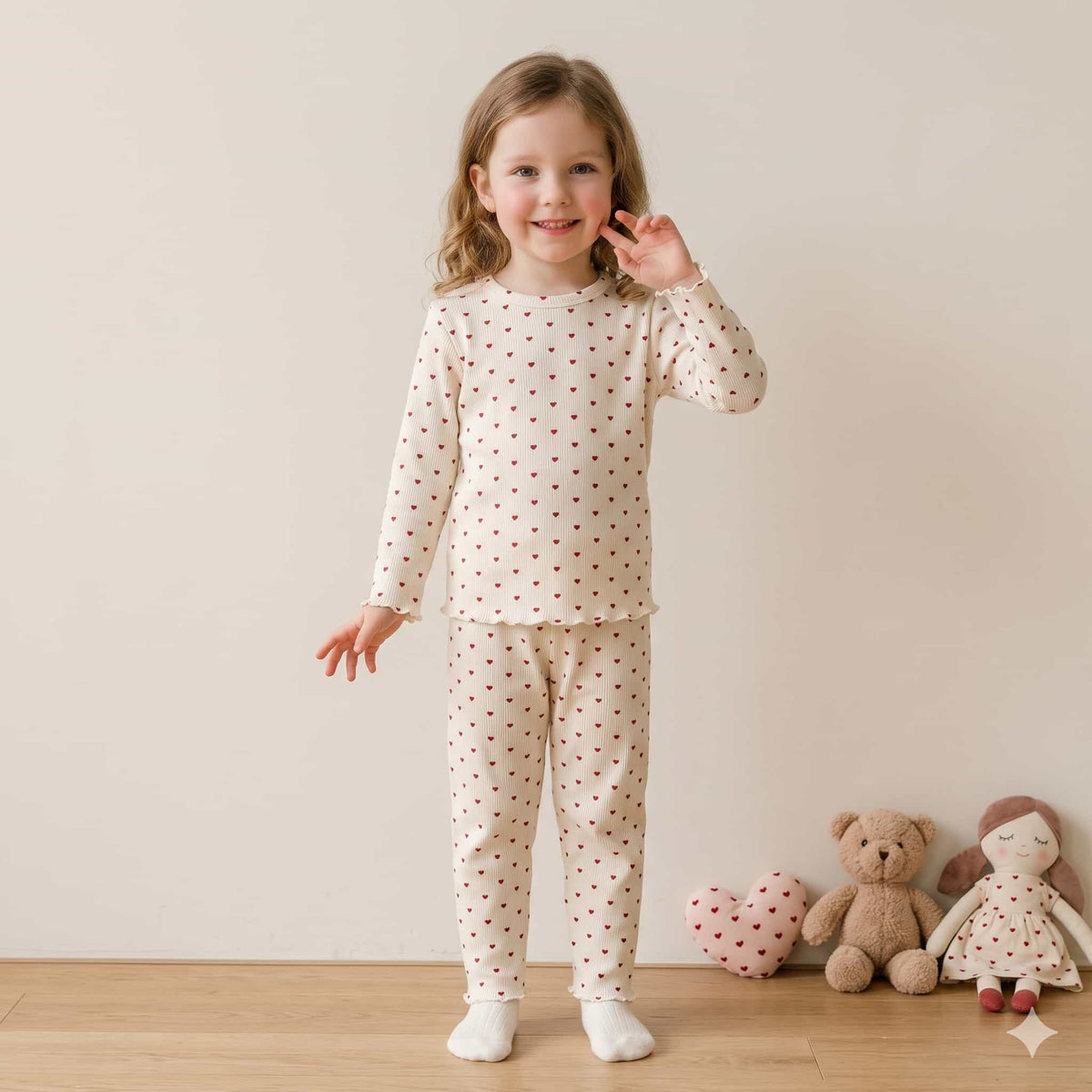 Sweet Hearts Girls Full Sleeves Pajama Set – Ivory Cream