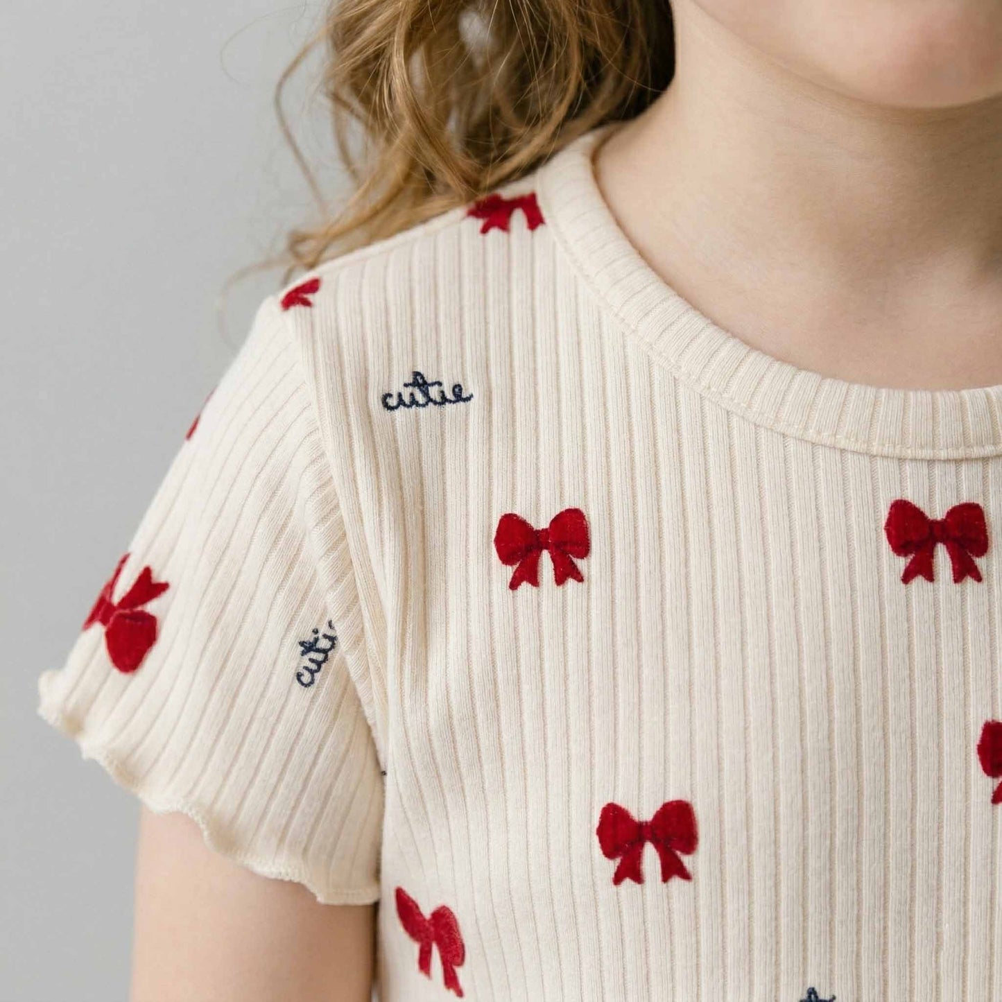 Cutie Bow Girls Short Sleeves Pajama Set - Cream