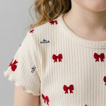 Cutie Bow Girls Short Sleeves Pajama Set - Cream