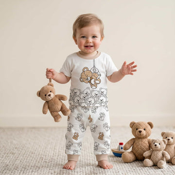Claw Machine Bear Catch Half Sleeves Baby boy Pajama Set - White