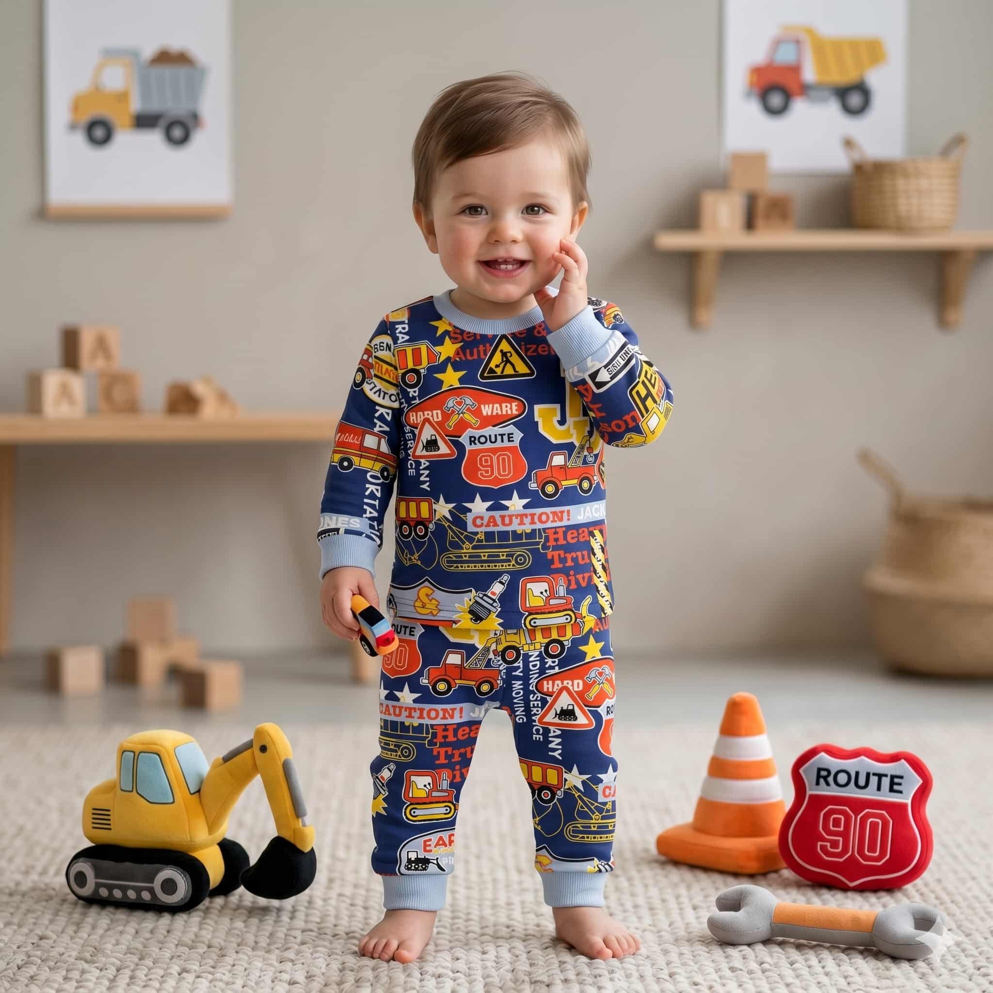 Little Builder Baby Boys Full Sleeves Pajama Set - Navy Blue