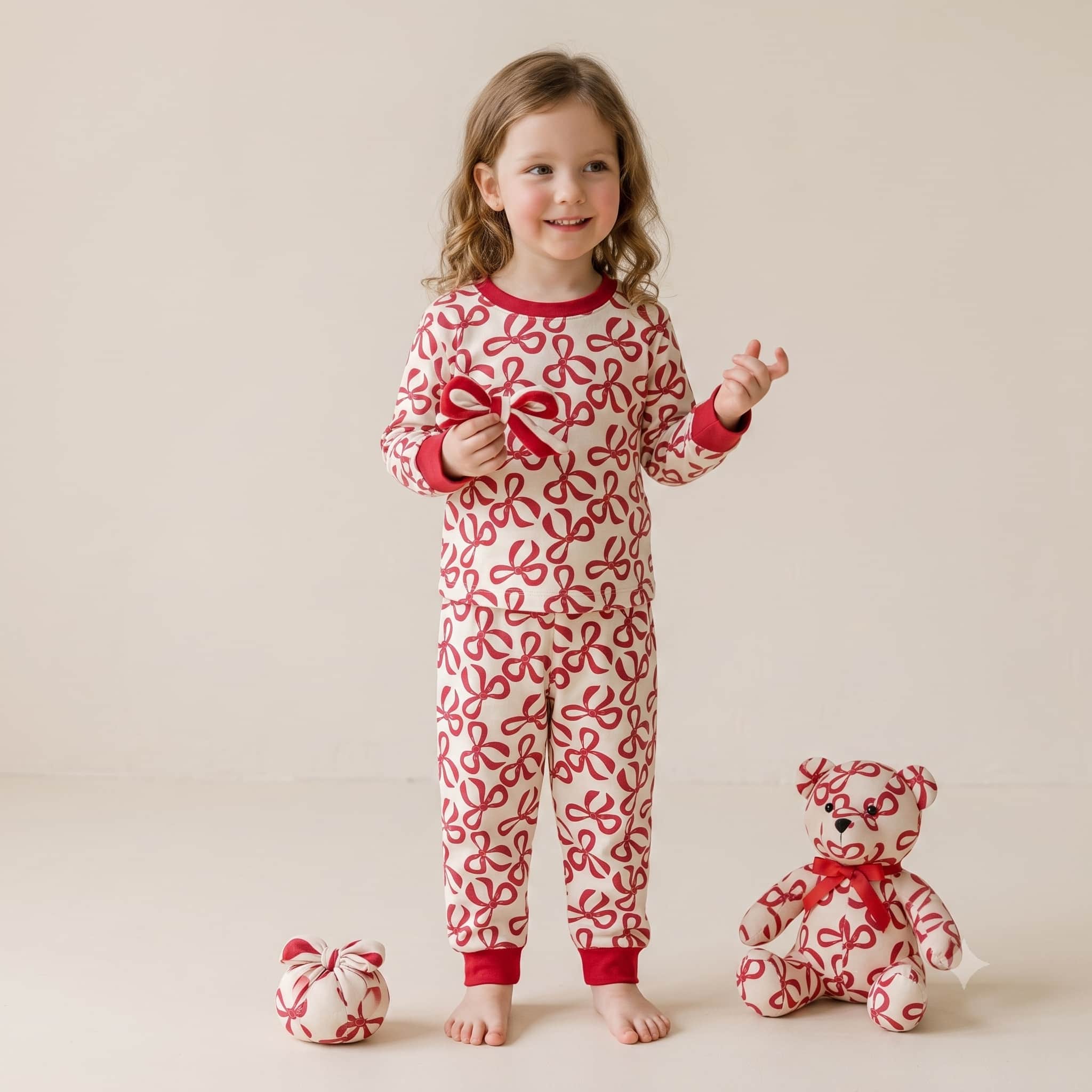 Crimson Bows Girls Full Sleeves Pajama Set - Crimson Red