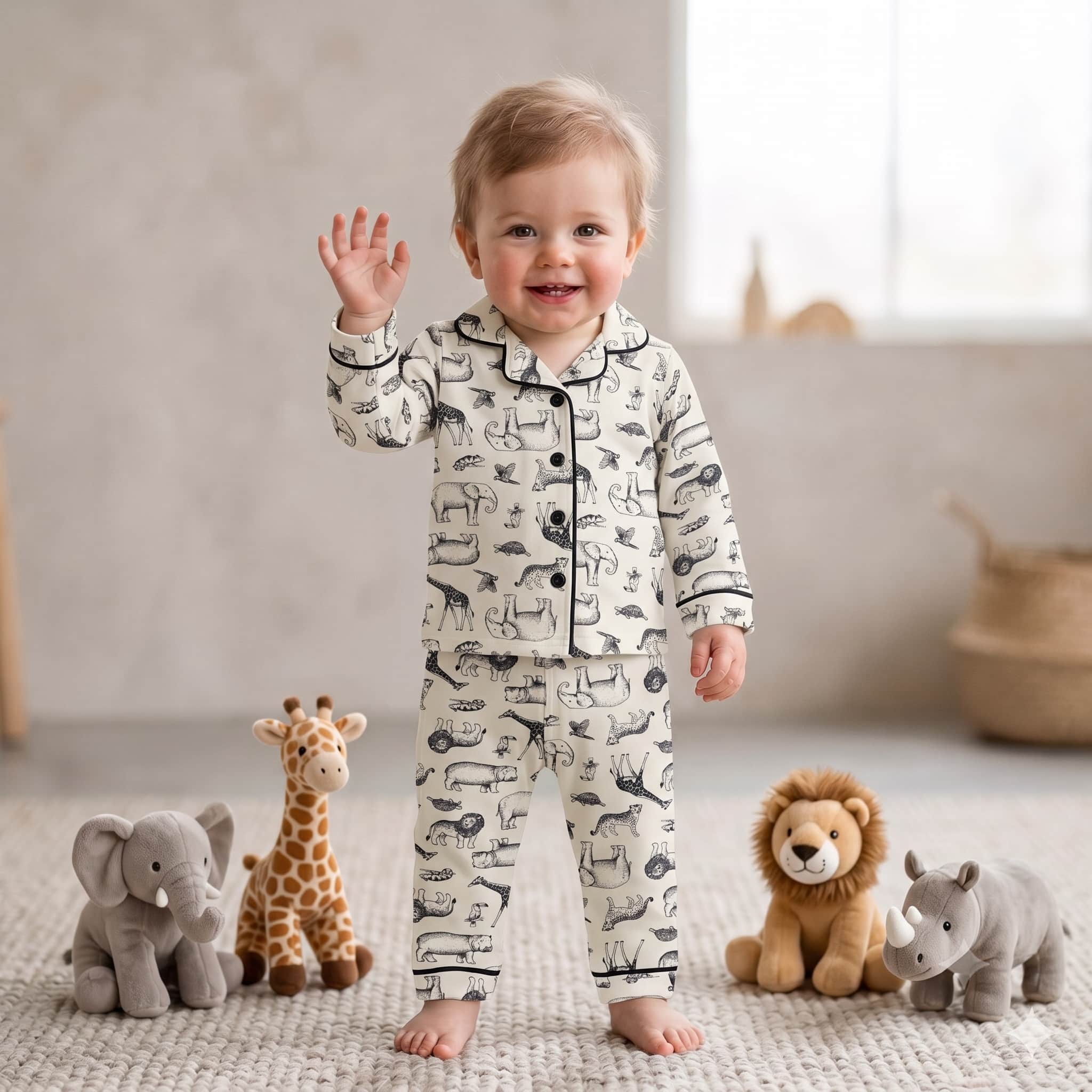 Safari Animal Baby Boys Full Sleeves Pajama Set - Off-White