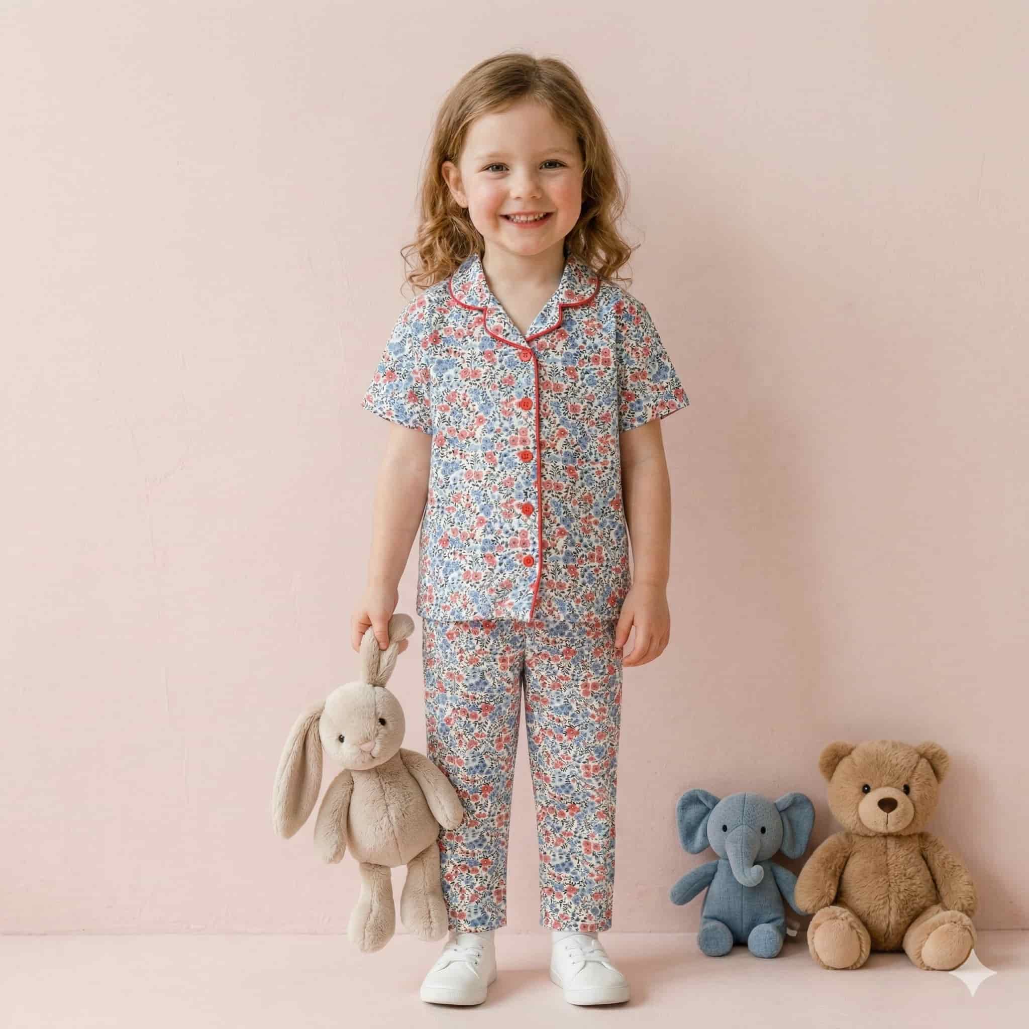 Floral Prints Girls Button Pajama Set - Multicolor