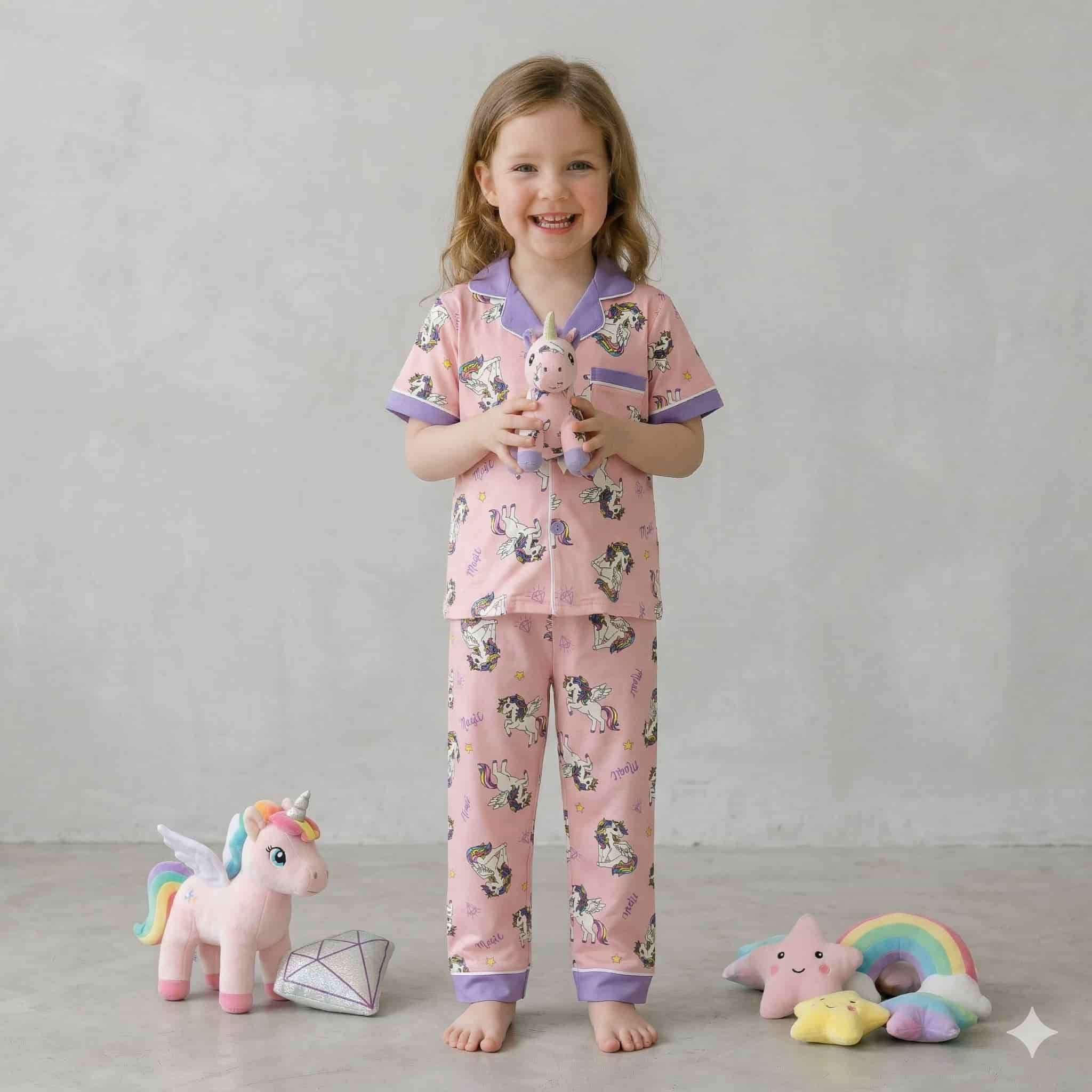 Unicorn Girls Half Sleeves Pajama Set - Pink