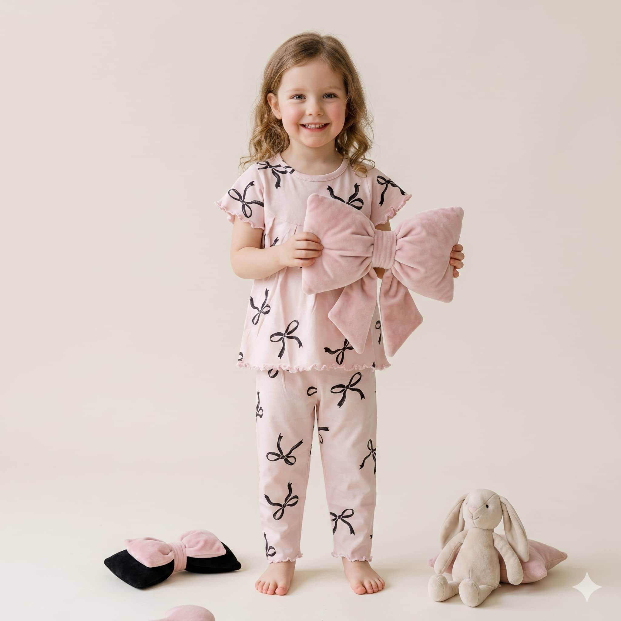 Ribbon Charm Girls Half Sleeves Pajama Set - Pink