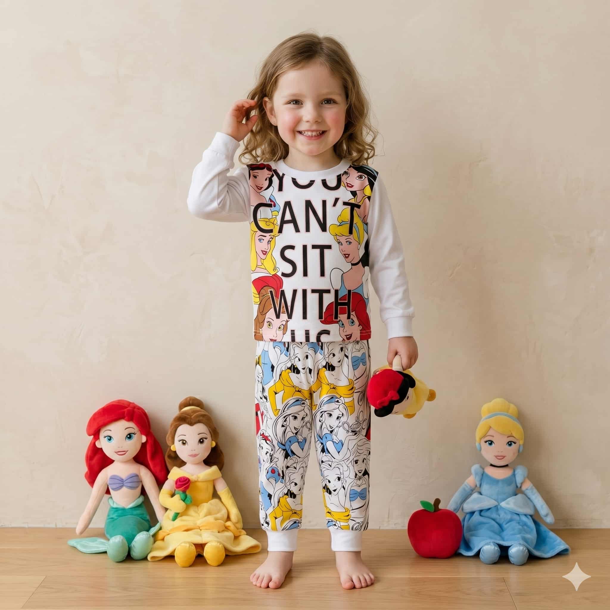 طقم بيجامة بأكمام كاملة للبنات بتصميم Princess Charm - أبيض
