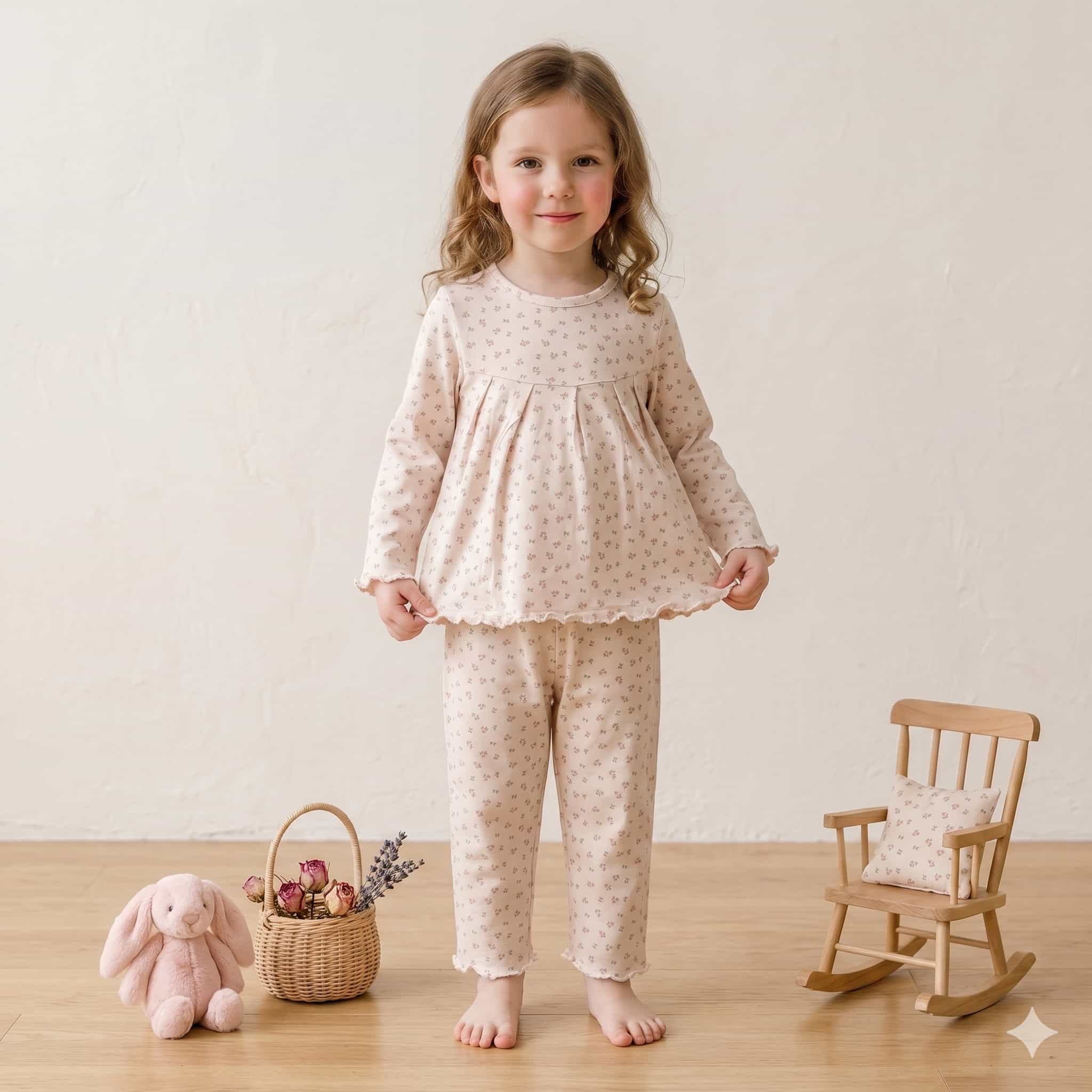 Rosebud Dreams Girls Full Sleeves Pajama Set - Cream