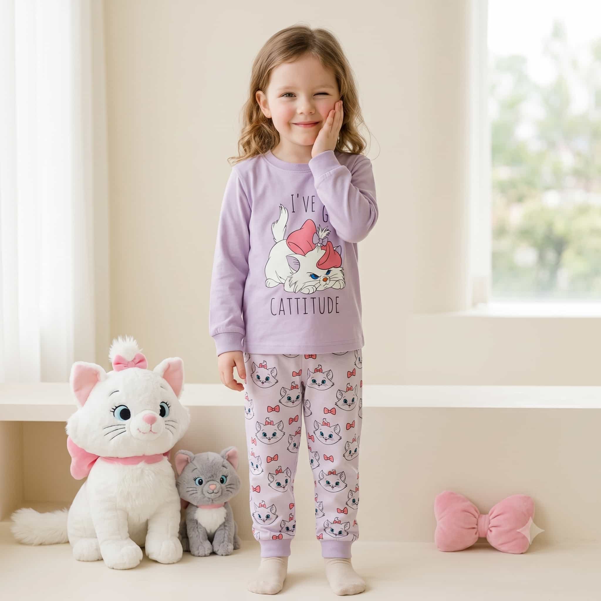 Cattitude Girl Full Sleeves Pajama Sets- Purple