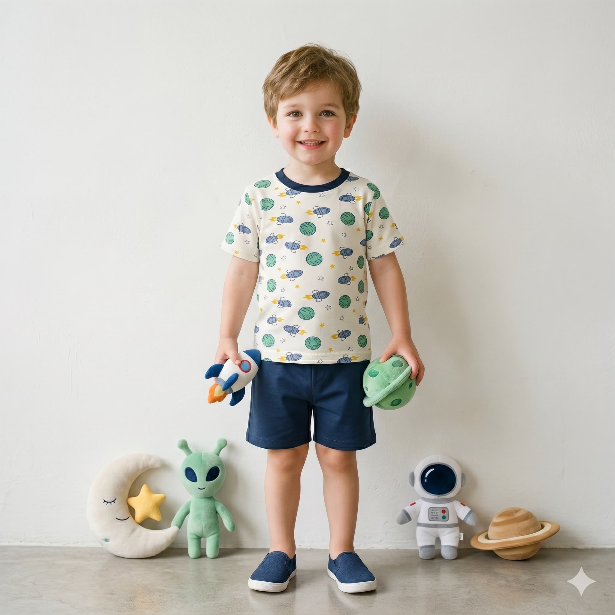 Cosmic Cruise Boys Half Sleeves Short Set - Cream