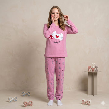 Smile Charm Girls Full Sleeves Pajama Set - Pink