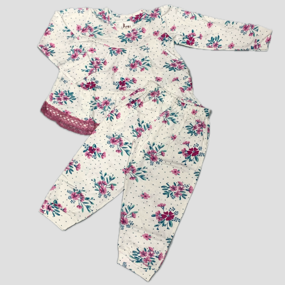 Floral Girls Full Sleeves laced pajama set - White