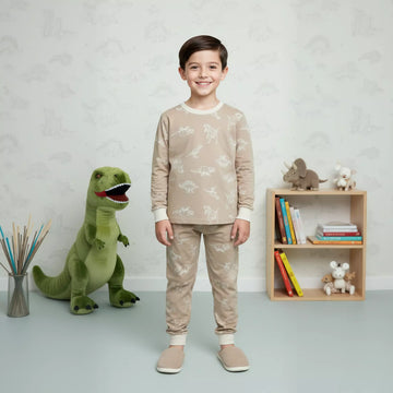 Dinosaur Boy Pajama Set- Light Brown