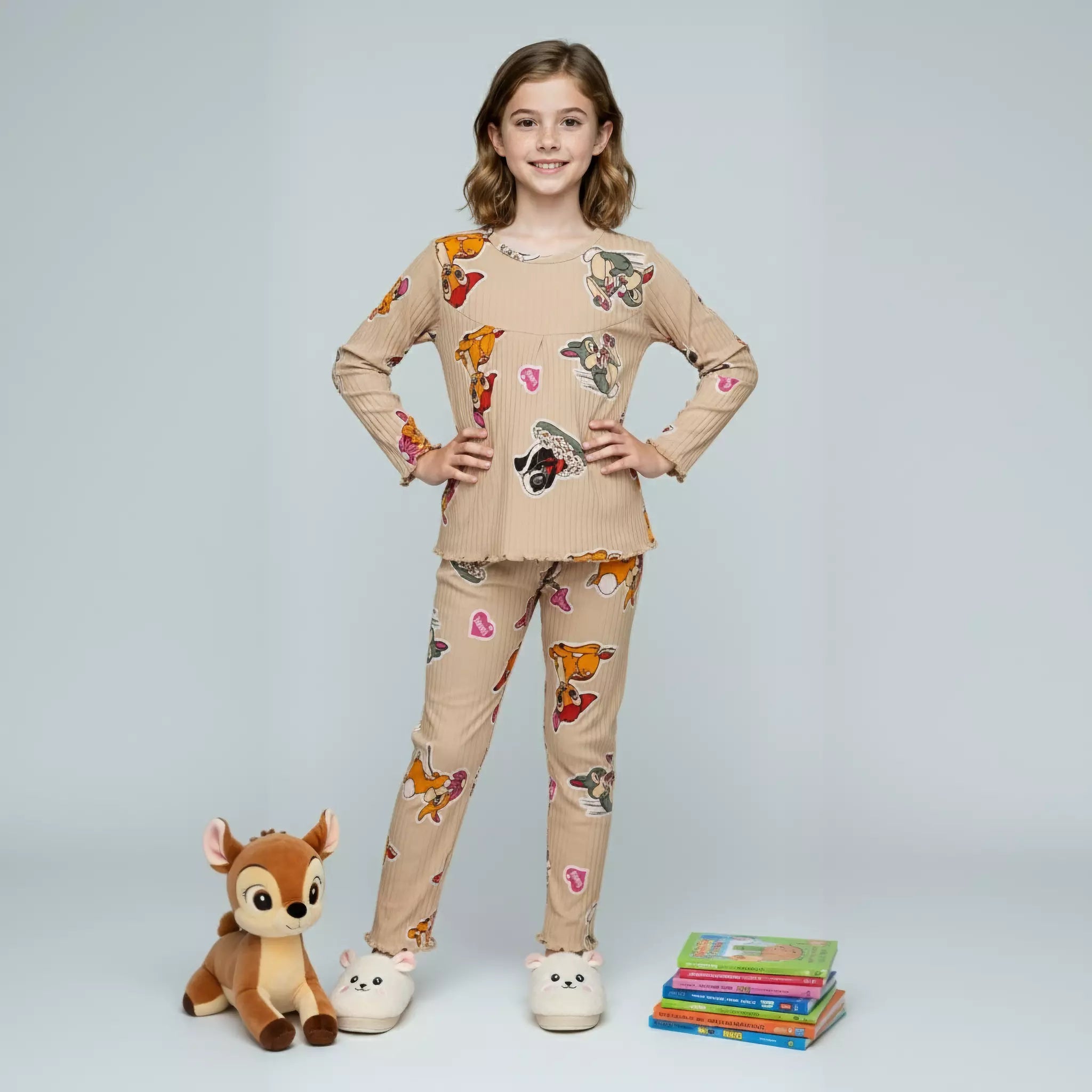 Bambi Thumber Sleeves Girls Pajama Set- Brown