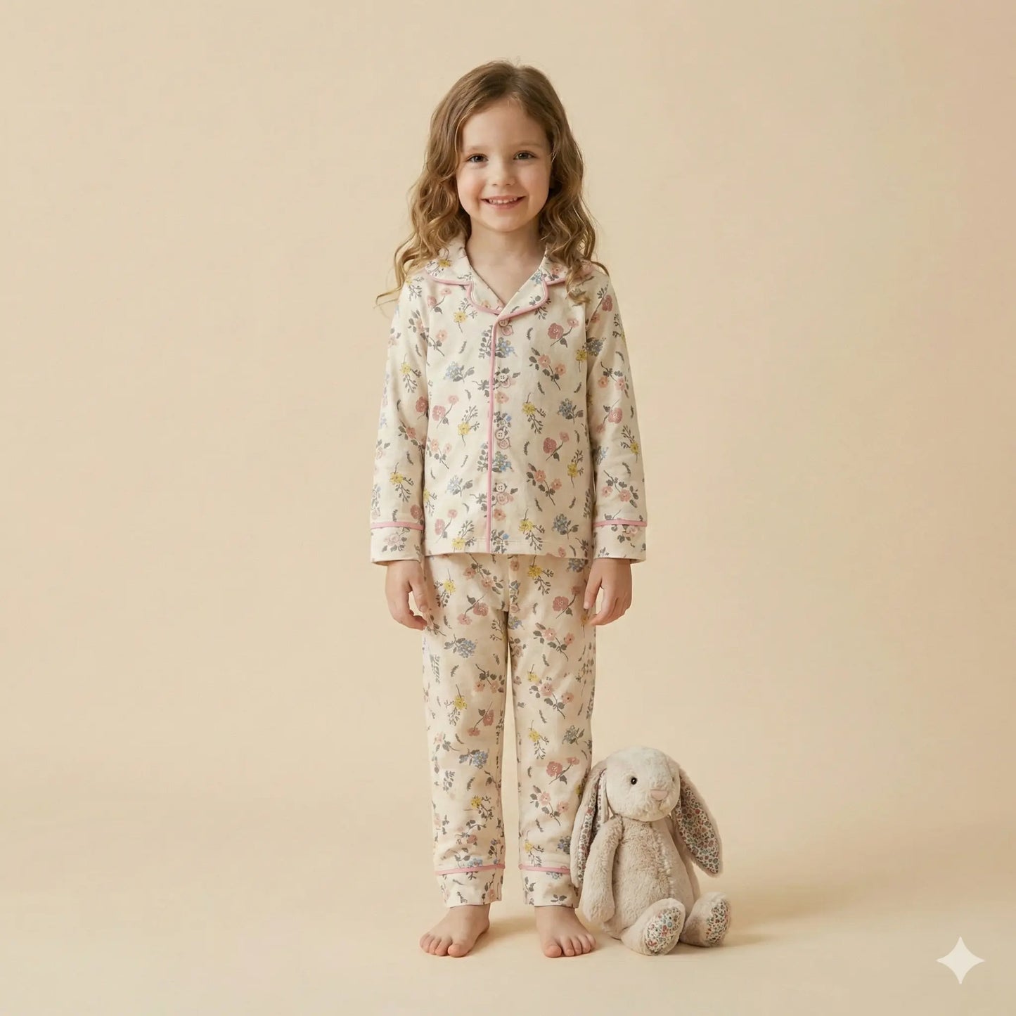 Blossom Flower Girls Button Pajama Set- Cream