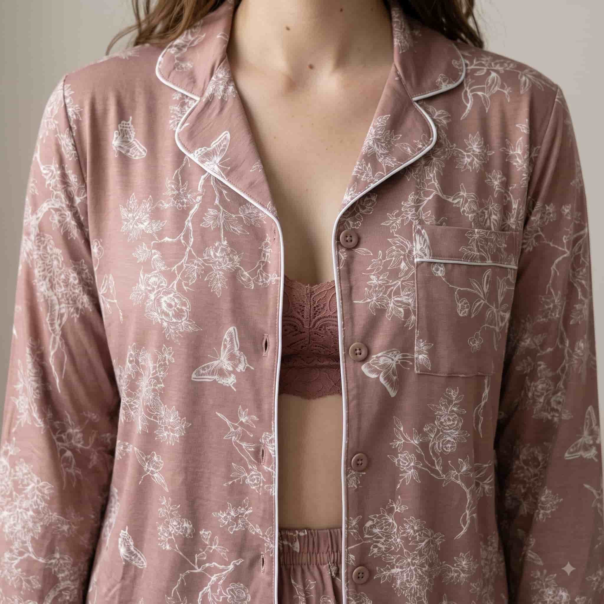 Botanical Bliss Women Full Sleeves Pajama Set - Dusty Pink