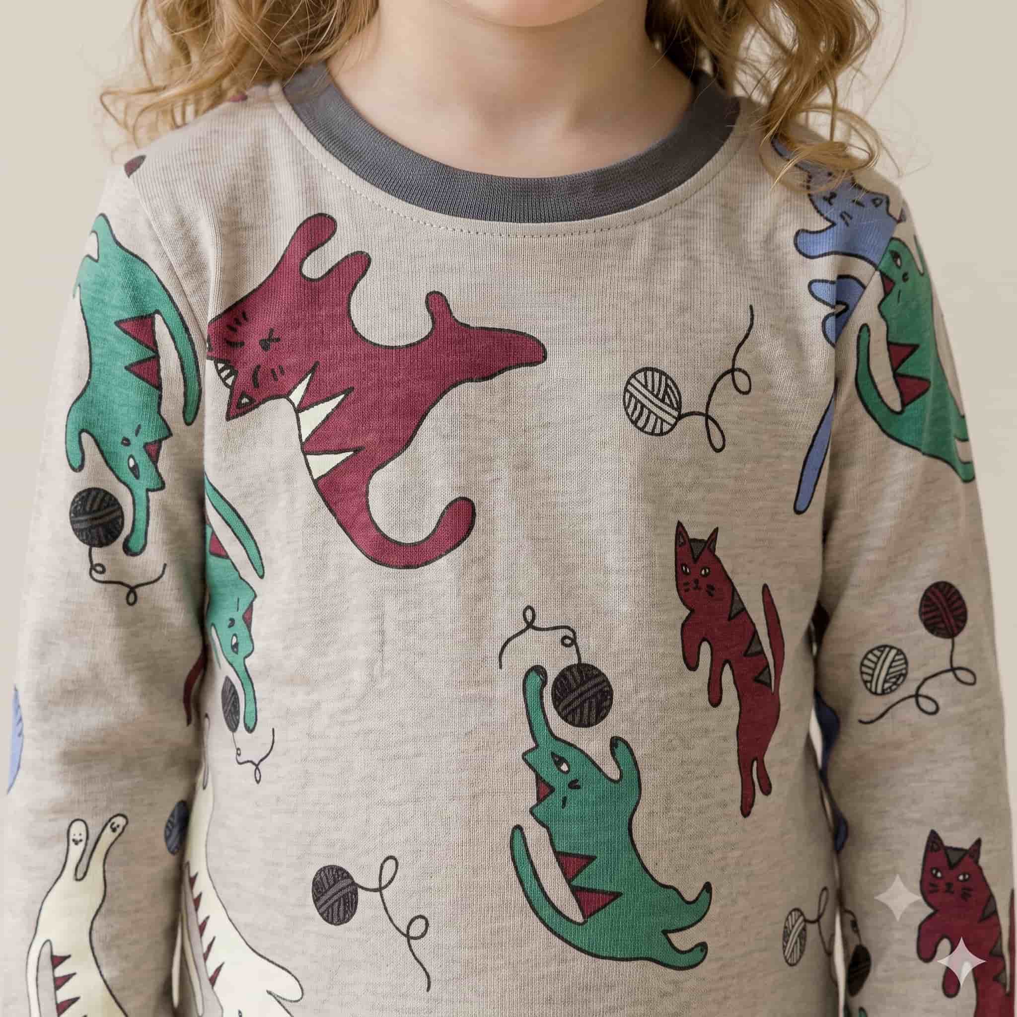 Feline Fun Girls Full Sleeves Pajama Set - Grey
