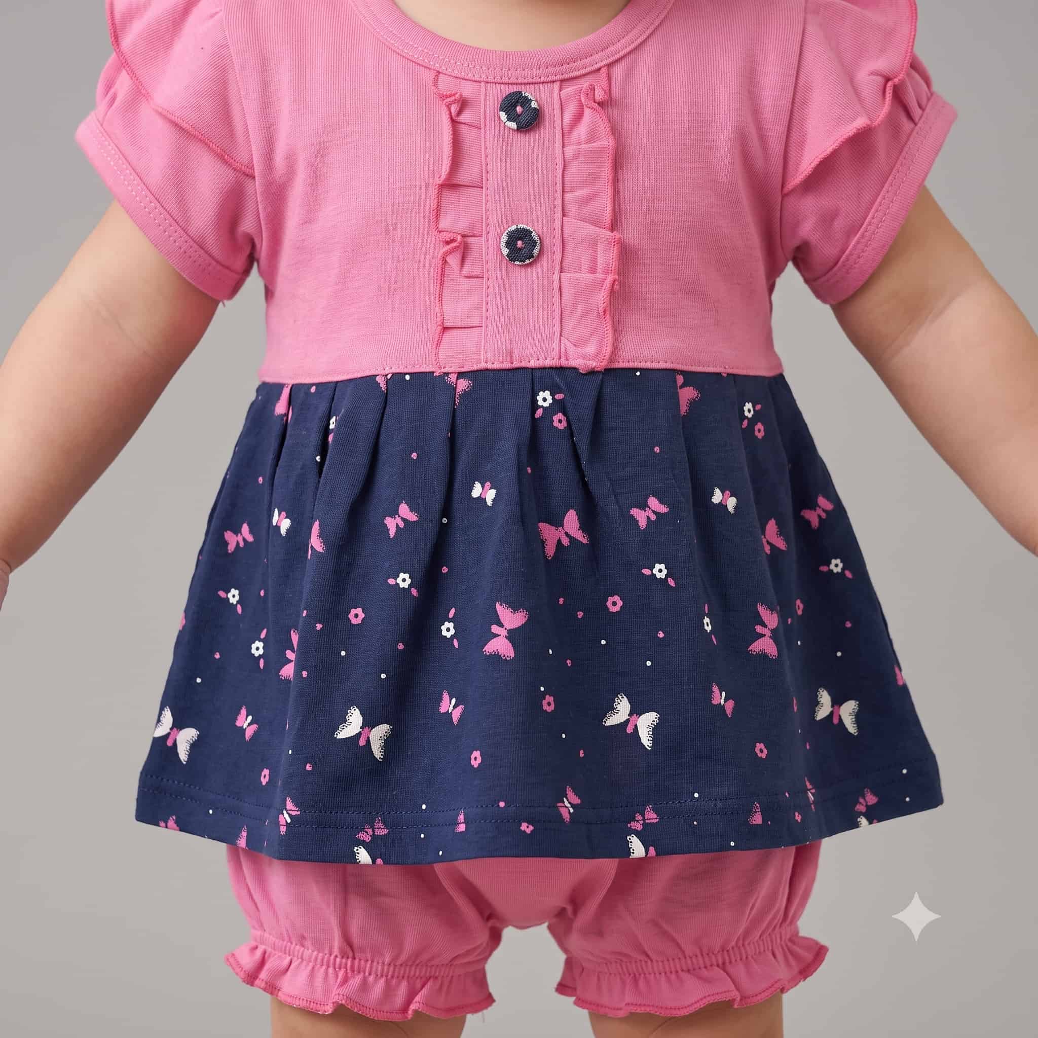 Rosy Flutter Baby Girls Frock Set - Pink & Navy Blue