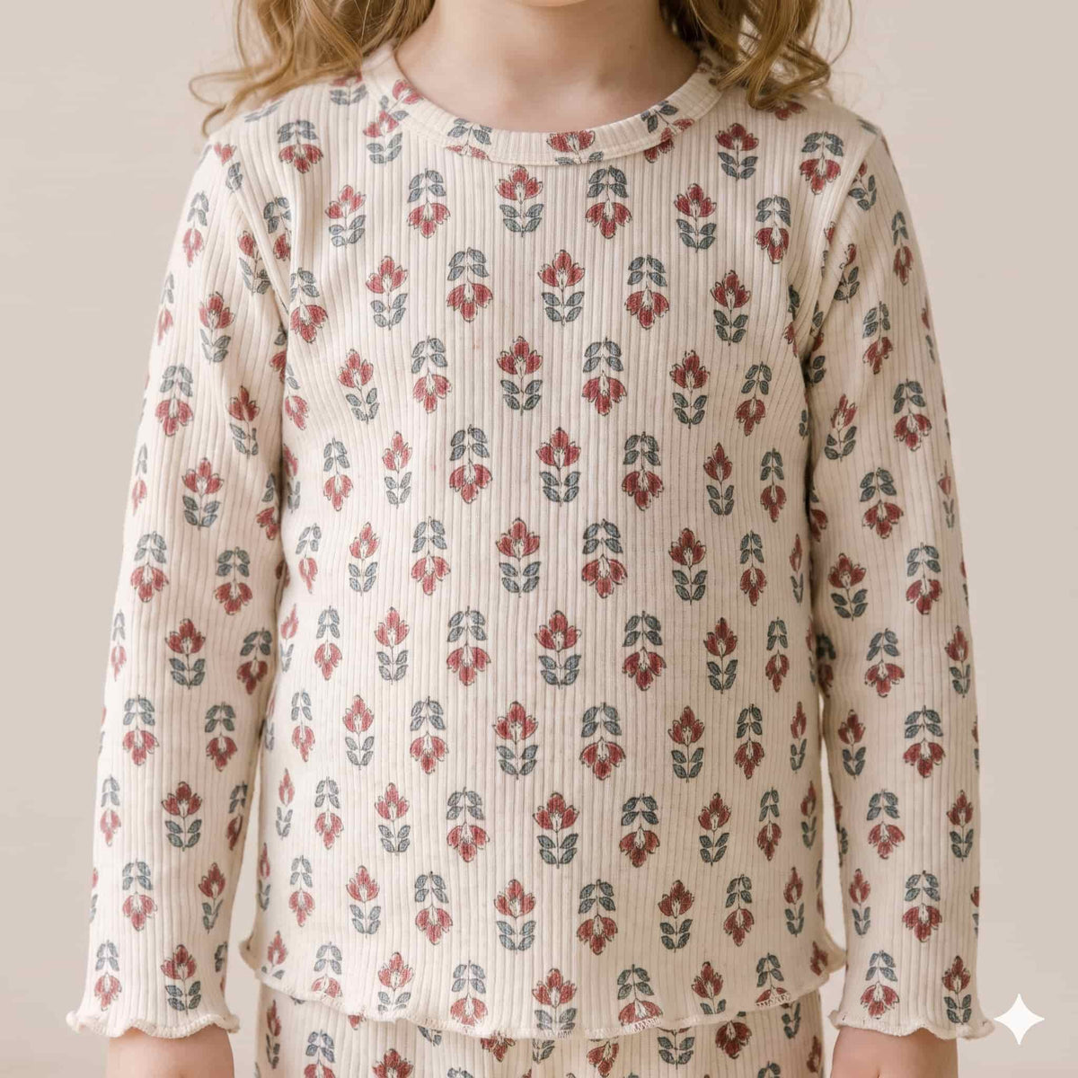 Vintage Petals Girls Full Sleeves Pajama Set – Ivory Cream