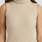 Turtle Neck Women Sleeveless Sweater-Beige