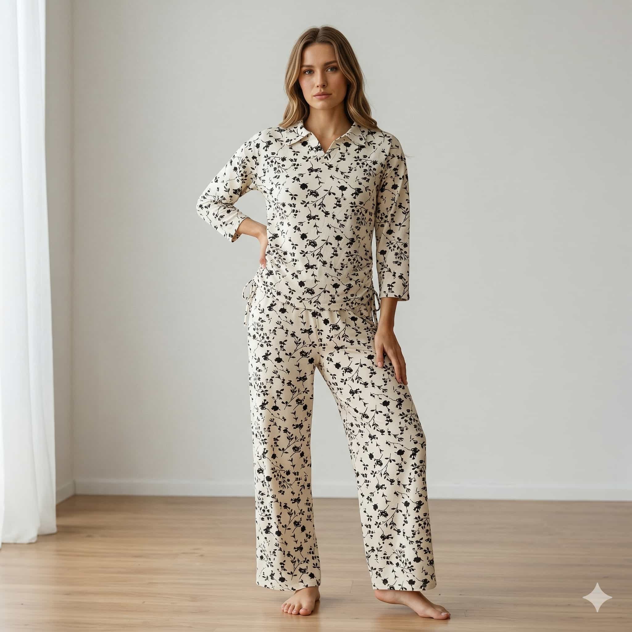 Ebony Bloom Women Full Sleeves Pajama Set - White